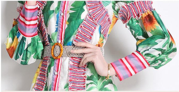 Resort Style Print Long Skirt Retro Fashion Sweet Lantern Sleeve Color Bump Stand Collar Dress
