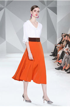 Small Fresh White Shirt and Orange Patchwork Skirt Two-piece Set