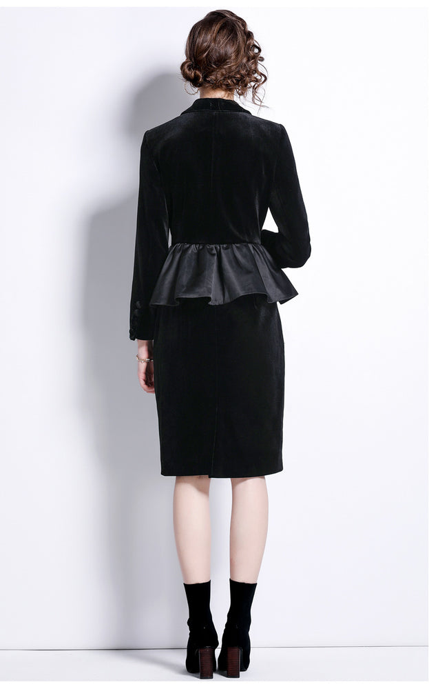 Temperament Retro Show Slim High Waist Velvet Long Sleeve Top and Package Hip Skirt Suit