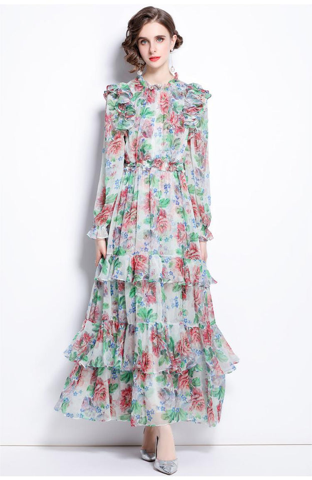 Long Sleeve Bubble Sleeve Big Swing Pinted Cake Dress