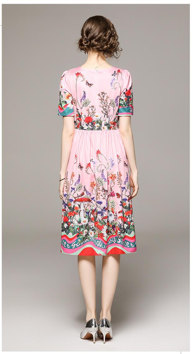 Fashion Garden Style Flower Print Short Sleeve Dress with Lining Cloth