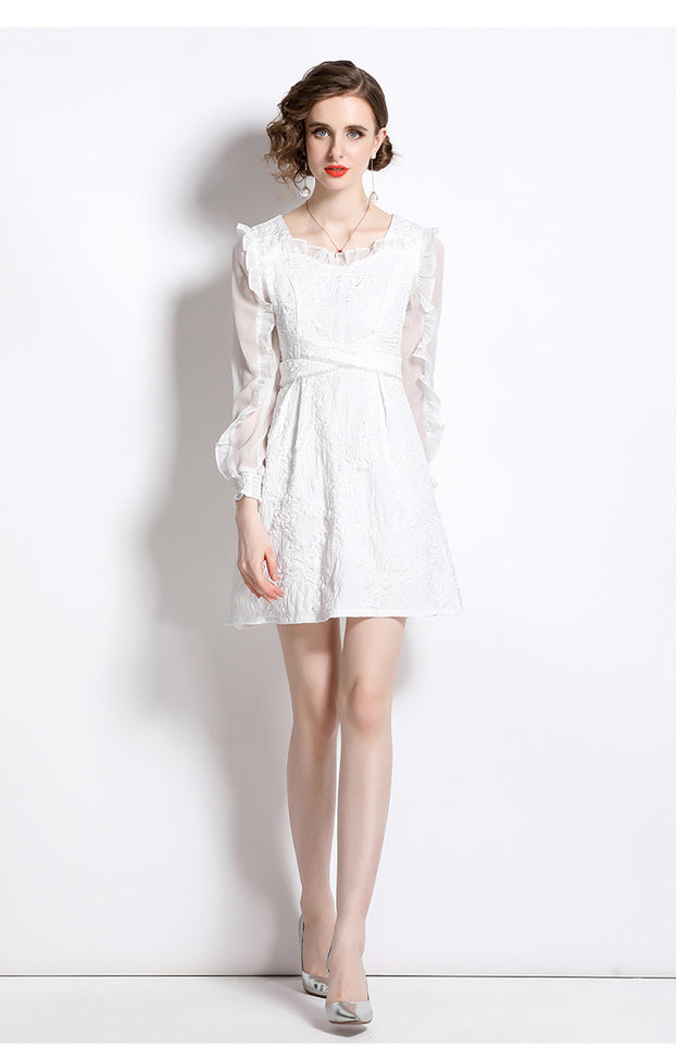 Fashion Show Slim Patchwork Receive Waist Temperament Peplum Long-Sleeved Jacquard Dress