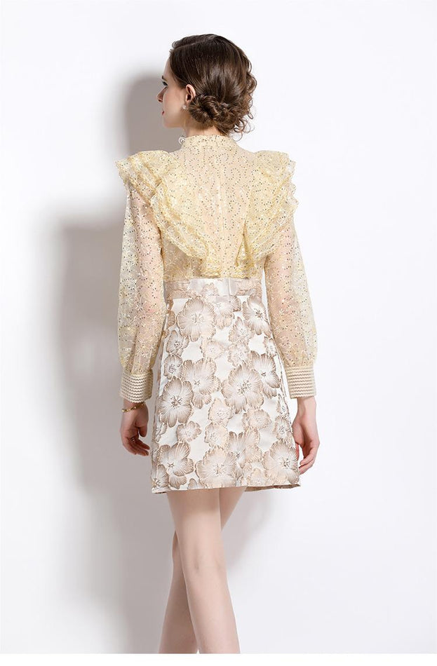 Temperament Lace Patchwork Jacquard Waist slimming A-Line Skirt Dress