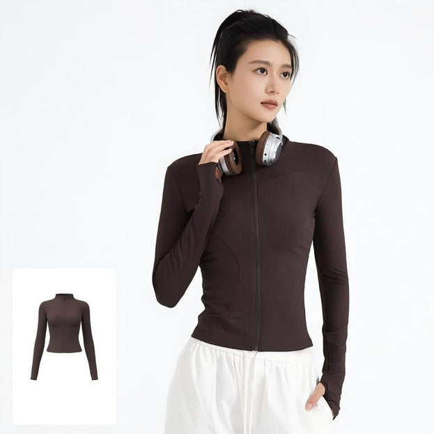 Slim-Fit Slimming Stand-Collar Striped Yoga Jacket for Women