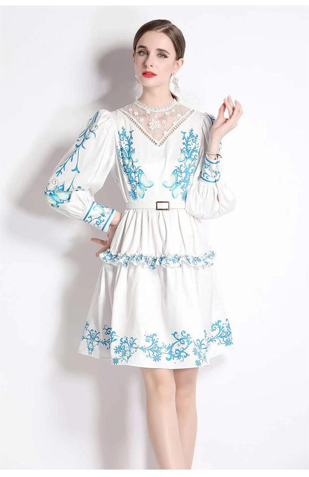 Vintage Lace Patchwork Print Fashion Temperament Long-Sleeved Skirt Dress