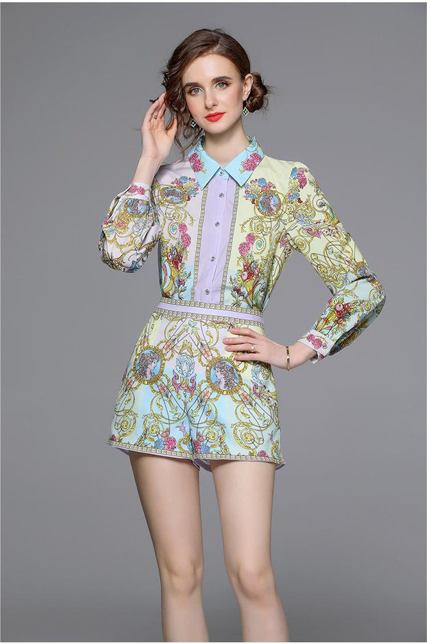 Temperament Palace Vintage Printed Long Sleeve Shirt and High Waist Shorts Suit Sants