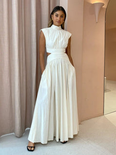 Summer Casual High-Neck Waisted Cutout Pleated Short Sleeve Dress for Women