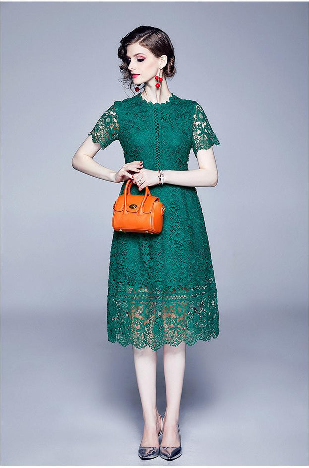 Water-Soluble Lace  Stitching Temperament Hook Flower Hollowed Out Short-Sleeved Dress