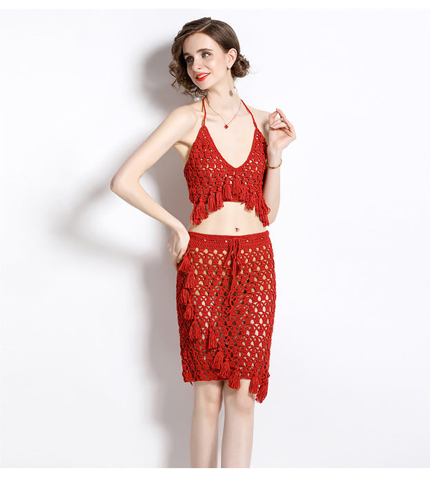 Resort-Style Hollowed Out Tassel V-Neck Strapless Suspender Top and Bag Skirt Two-Piece Set