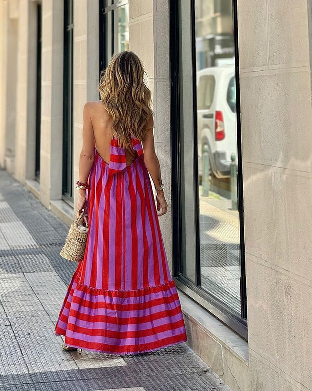 Summer Fashion Casual Striped Open-Back Holiday-Style Halter Dress for Women