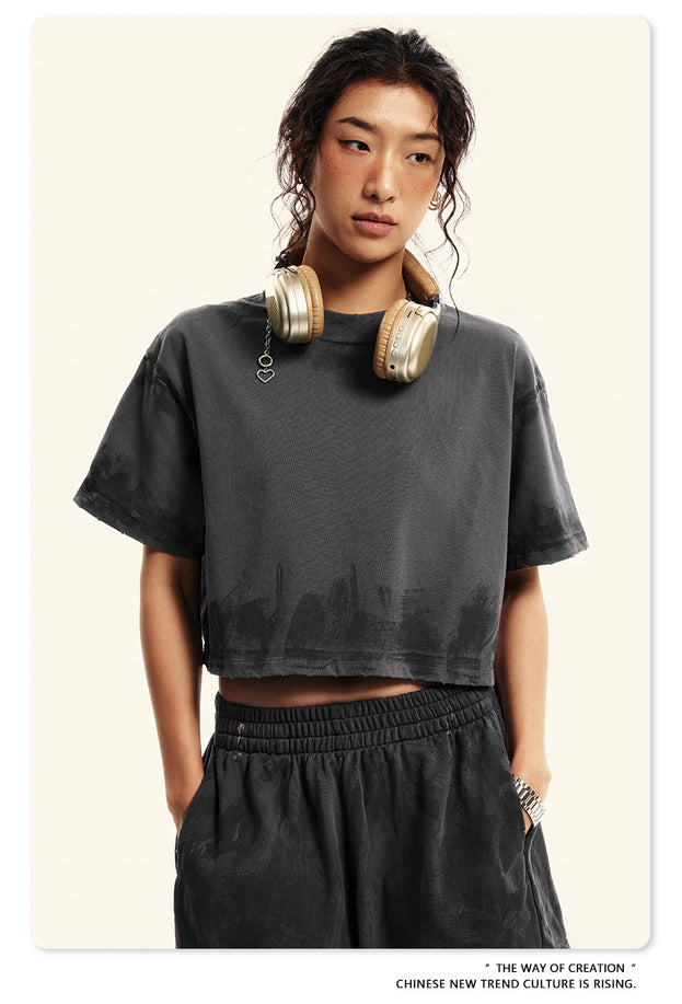 Summer Solid-color Sweat-absorbing Mud Dyed Aged Off-the-shoulder Top
