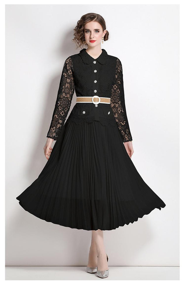 Water-Soluble Pleat Splicing Chiffon High-Waisted Lapel Long-Sleeved Fake Two-Piece Long Skirt Dress