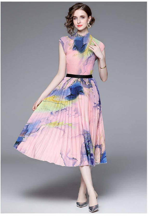 High Stretch Top and Printed Pleated Skirt Two-Piece Suit