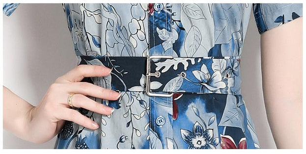 Printed Lapel Short Sleeve Waist Slimming Mid-Length Dress