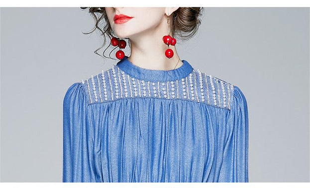 Tencel Denim Dress High Waist Long Sleeve Blue Super Fairy A-Line Skirt