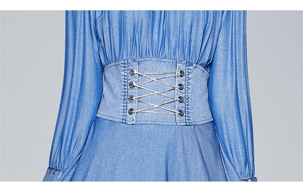 Tencel Denim Dress High Waist Long Sleeve Blue Super Fairy A-Line Skirt