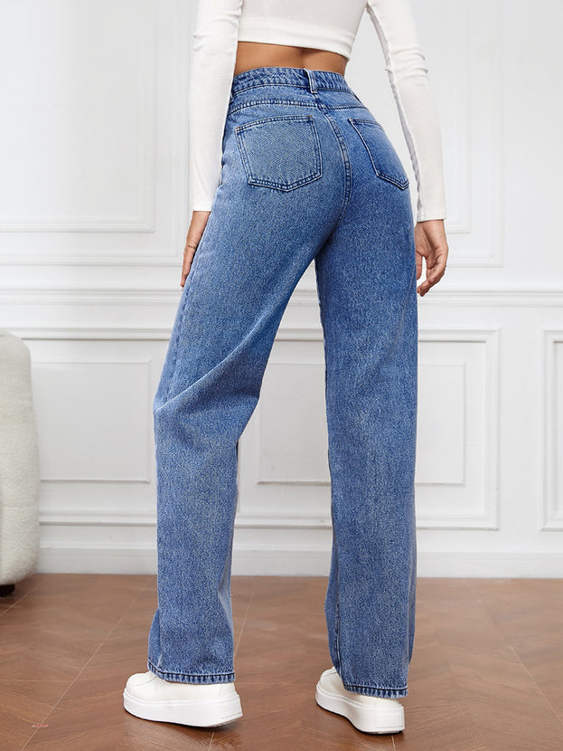 Summer Fashion Casual Loose Hight-Waist Washed Straight Denim Pant for Women