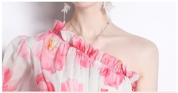 Printed Dress Chiffon Diagonal Shoulder Beach Skirt Seaside Holiday Maxi Skirt