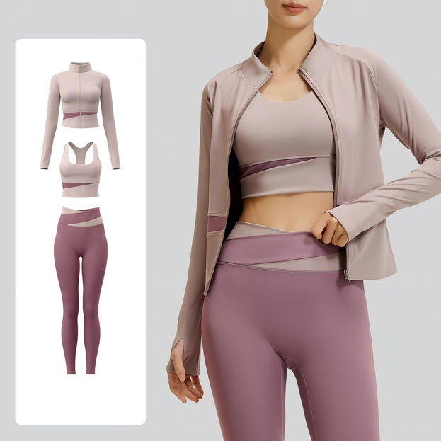 Women's Naked Yoga Waist Fitness Color-matching Three-piece Set