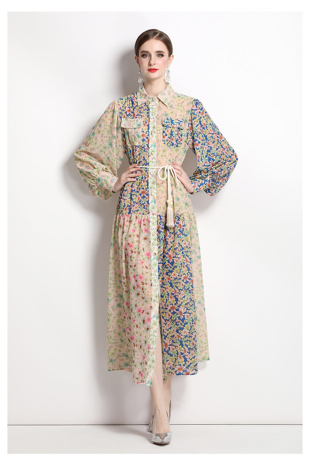 Fashion Resort Style Lapel Lantern Long-Sleeved Collision Color Print Dress
