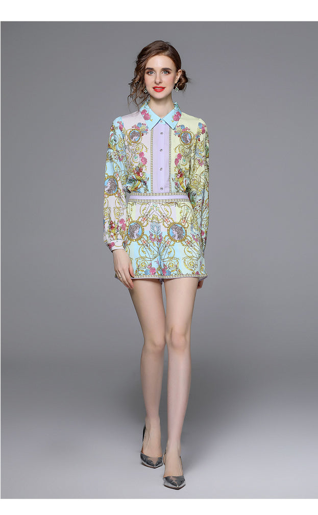 Temperament Palace Vintage Printed Long Sleeve Shirt and High Waist Shorts Suit Sants