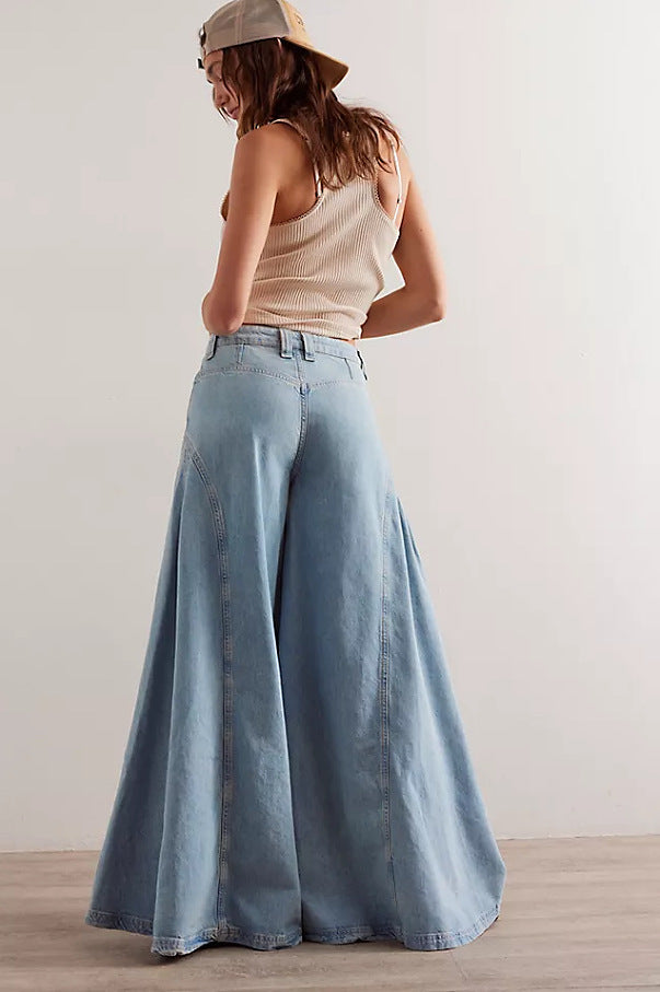 Fashion Casual Vintage-Style Middle-Waist Wide-Leg Denim Pant for Women