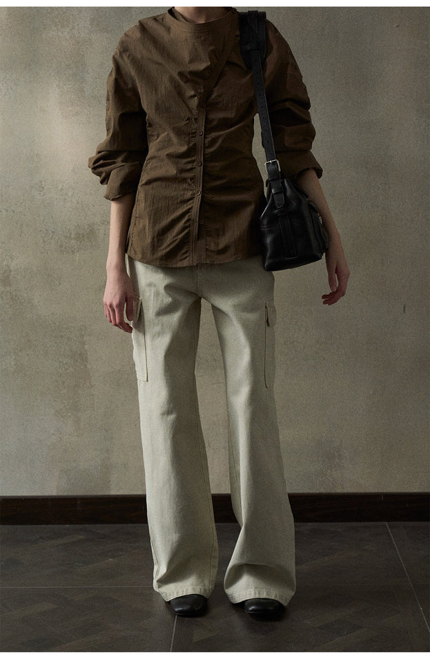 Trendy And Retro Denim Workwear Flared Pants, Mid-waist  Casual Women's Pant