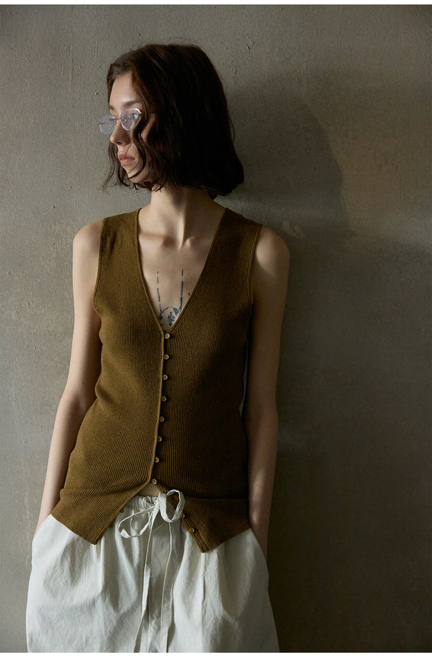 Wool Blend Button Stylish Commuter Patchwork Knitted Women's Top