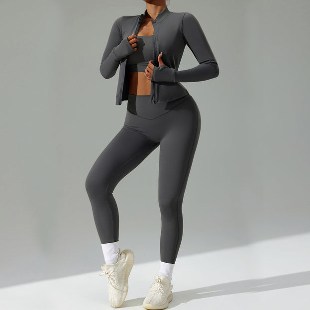 Women's Pullover Tight-Fitting Running Sport Yoga Set (Three-Piece Set)