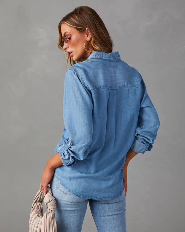 Fashion Casual Versatile Loose Polo-Neck Long Sleeve Denim Blouse for Women