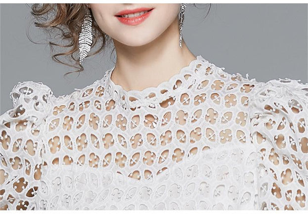 White Water-Soluble Lace Dress Summer Temperament Hollowed Out Small Fairy Bubble Sleeves High Waist Pommel Skirt