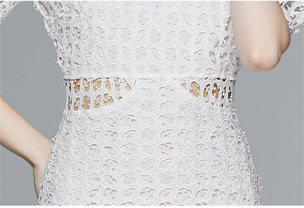 White Water-Soluble Lace Dress Summer Temperament Hollowed Out Small Fairy Bubble Sleeves High Waist Pommel Skirt