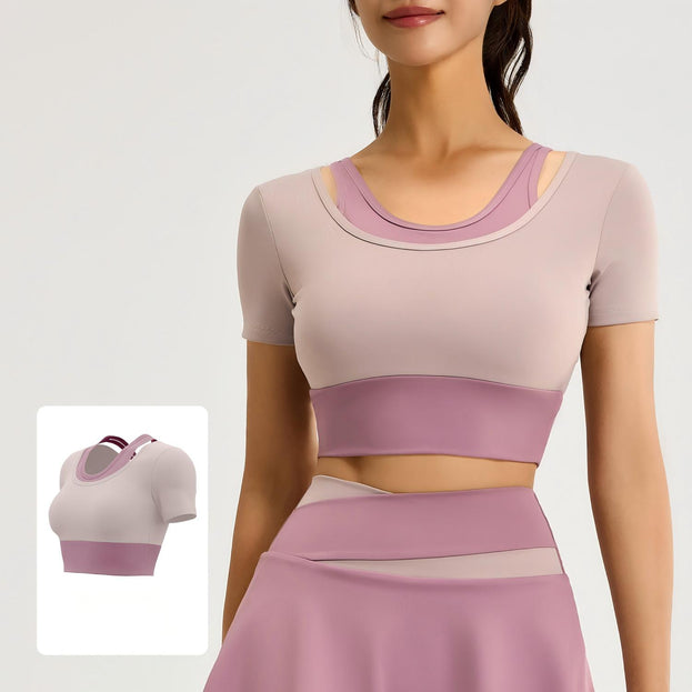 Slim-fit Naked Sports Color-matching Fake Two-piece Yoga Short Top