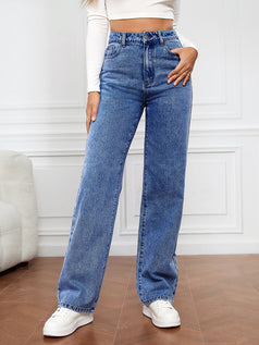 Summer Fashion Casual Loose Hight-Waist Washed Straight Denim Pant for Women