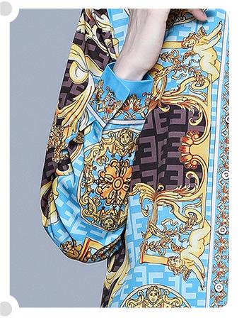 French Retro Palace Print Long-Sleeved Shirt Wide-Leg Pants Suit Women's Two-Piece Autumn Clothes New