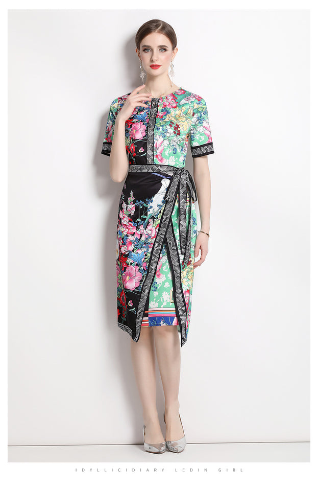 Vintage Print Print MIDI Dress with Waist Drawstring for Slimming