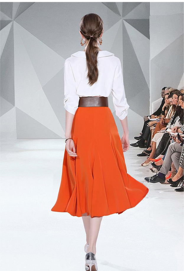 Small Fresh White Shirt and Orange Patchwork Skirt Two-piece Set