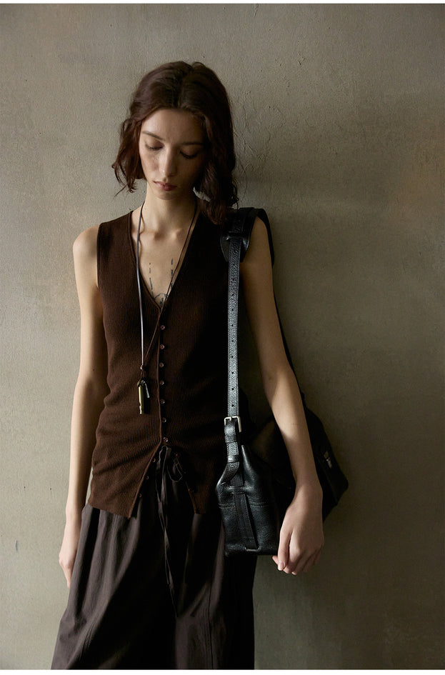 Wool Blend Button Stylish Commuter Patchwork Knitted Women's Top