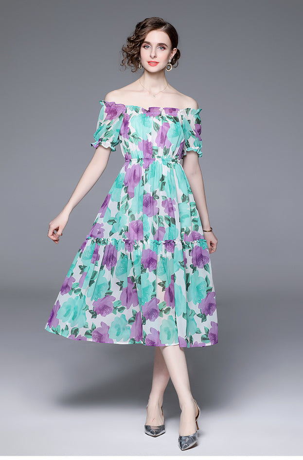 Seaside Resort Print Peplum One-Line Neck MIDI Dress