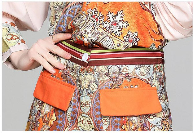 Women's Temperament Suit Lantern Sleeve Shirt and Closed Waist Shorts Printed Two-Piece Suit