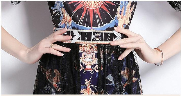 Vintage Temperament Lace Patchwork Printed Stand Collar Short Sleeve Long Skirt Dress