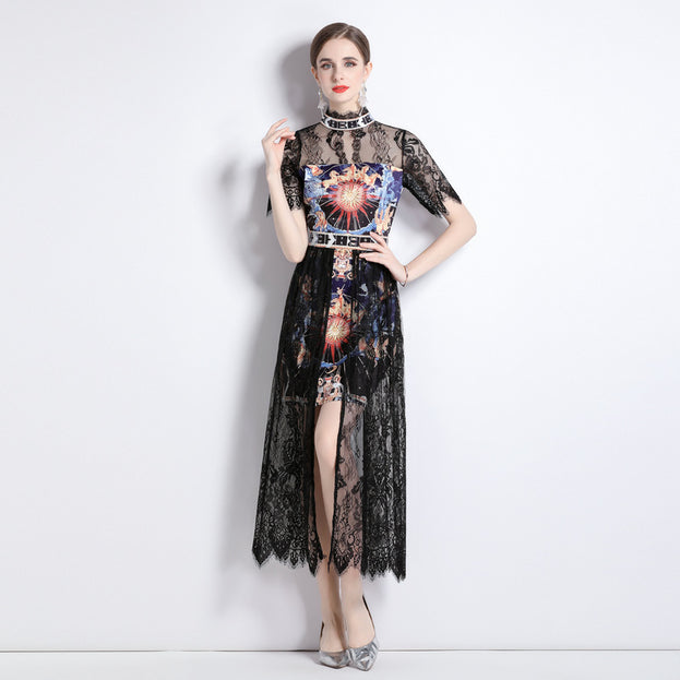 Vintage Temperament Lace Patchwork Printed Stand Collar Short Sleeve Long Skirt Dress