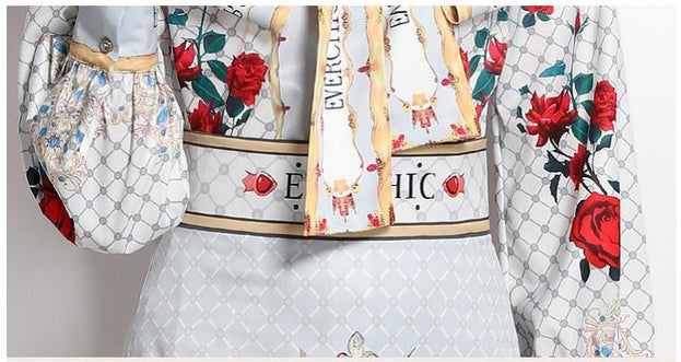 Women's Printed Bow Tie Long-Sleeved Shirt and Elegant High-Waisted Skirt Two-Piece Suit