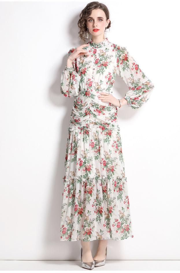 Stand Collar Lantern Long Sleeve Pleated Waist Tucked Large Swing Long Dress Skirt Chiffon Print Dress