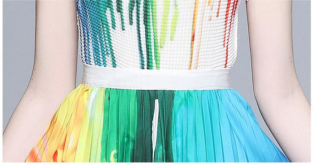 Vintage Print Pleated Short Sleeve Top and Pleated Skirt Fashion Two-Piece Suit