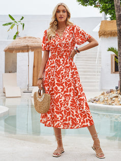 Summer V-Neck Waisted Printed Short Sleeve Dress for Women