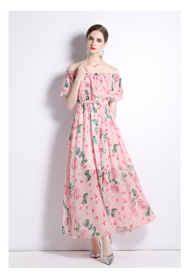 Peplum One-Line Neck Beach Skirt Slit Chiffon Large Hemline Long Skirt Dress