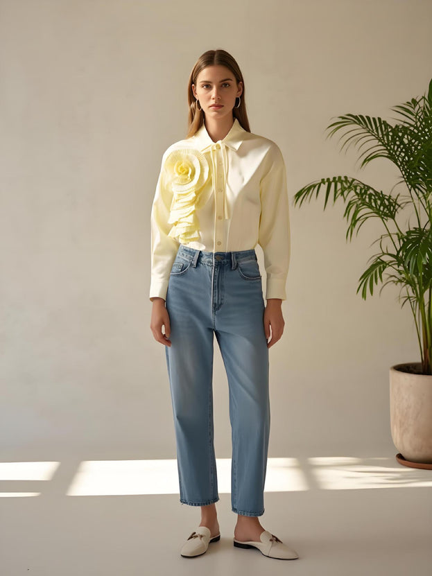 Spring and Autumn Fashionable Lapel Pleated Floral Long-Sleeved Blouse for Women