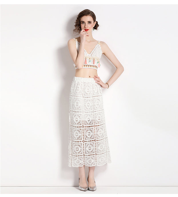 Hook Flower Embroidery Hollowed Out Short Style Suspender Top and Bag Hip Skirt Two-Piece Set