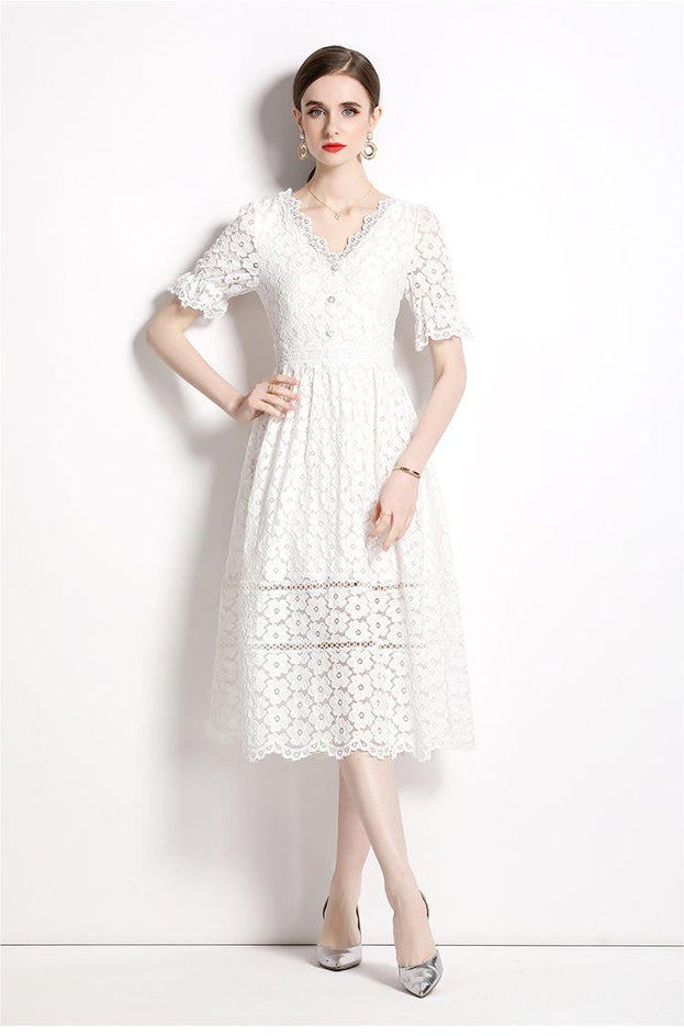 Elegant Slim Short Sleeve V-Neck Mid-Length Lace  Dress